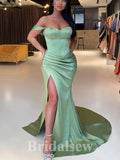 Elegant Sage Satin Modest New Long Slit Off Shoulder Evening Prom Dresses PD1191