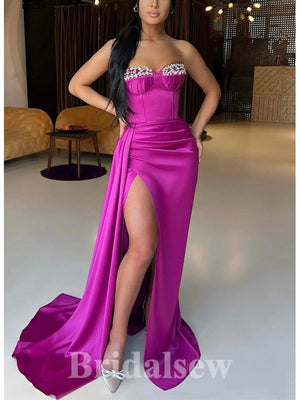 Fuchsia Mermaid Satin Modest New Long Slit Elegant Strapless Evening Prom Dresses PD1192