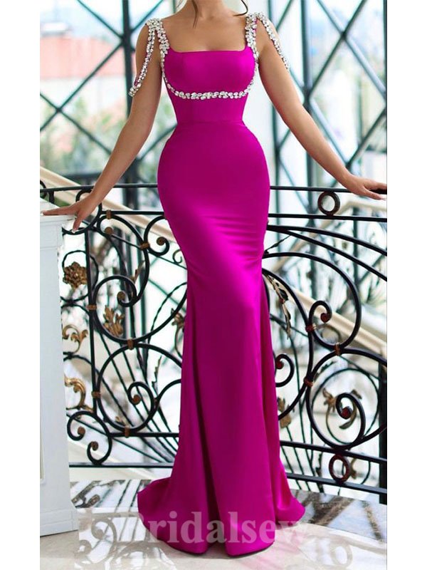 Fuchsia Mermaid Unique Best Modest Long Party Evening Prom Dresses, PD1222