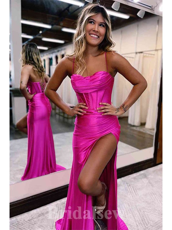 Fuchsia Popular Best Spaghetti Straps Stylish Unique Mermaid Long Party Evening Prom Dresses, PD1259