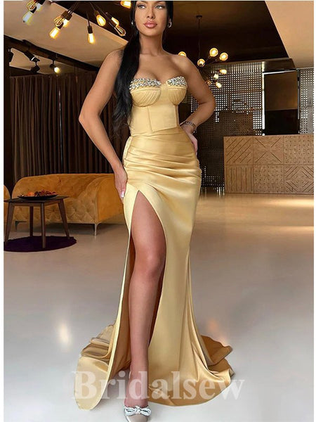 Fashion Gold Satin Beaded High Slit Mermaid Party Dress Long Birthday Prom Dress SP2228