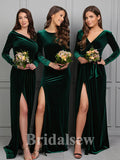 Green Long Sleeves Mismatched Mermaid Long Slit Formal Bridesmaid Dresses BD187