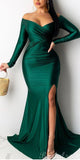 Green Long Sleeves Off the Shoulder Mermaid Unique Elegant Formal Black Girls Slay Satin Evening Long Prom Dresses PD534