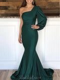 Green Mermaid One Shoulder Modest Party Long Prom Dresses, Evening Dress PD446