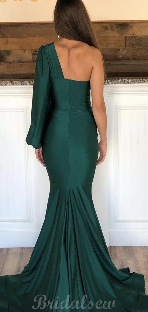 Green Mermaid One Shoulder Modest Party Long Prom Dresses, Evening Dress PD446