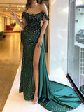 Green Sequin Fashion Mermaid Modest Party Long Prom Dresses, Evening Dress PD451