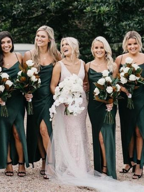 Green Spaghetti Straps Elegant Popular Long Bridesmaid Dresses BD028