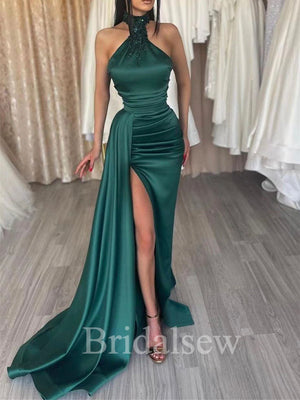 Halter Mermaid Sleeveless Slit Elegant Women Satin Formal Evening Long Prom Dresses PD561