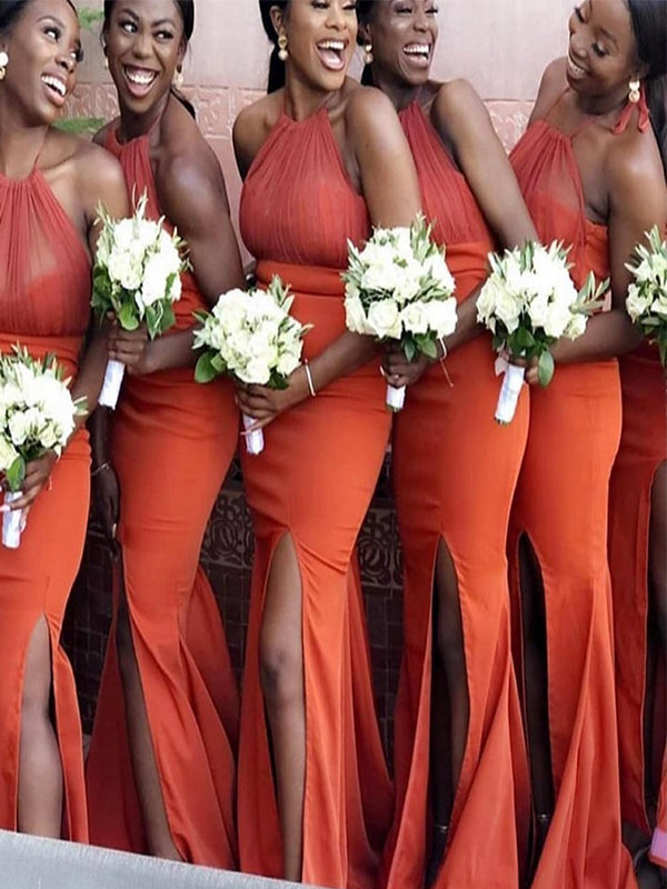 Popular Halter Orange Mermaid Long Bridesmaid Dresses BD009