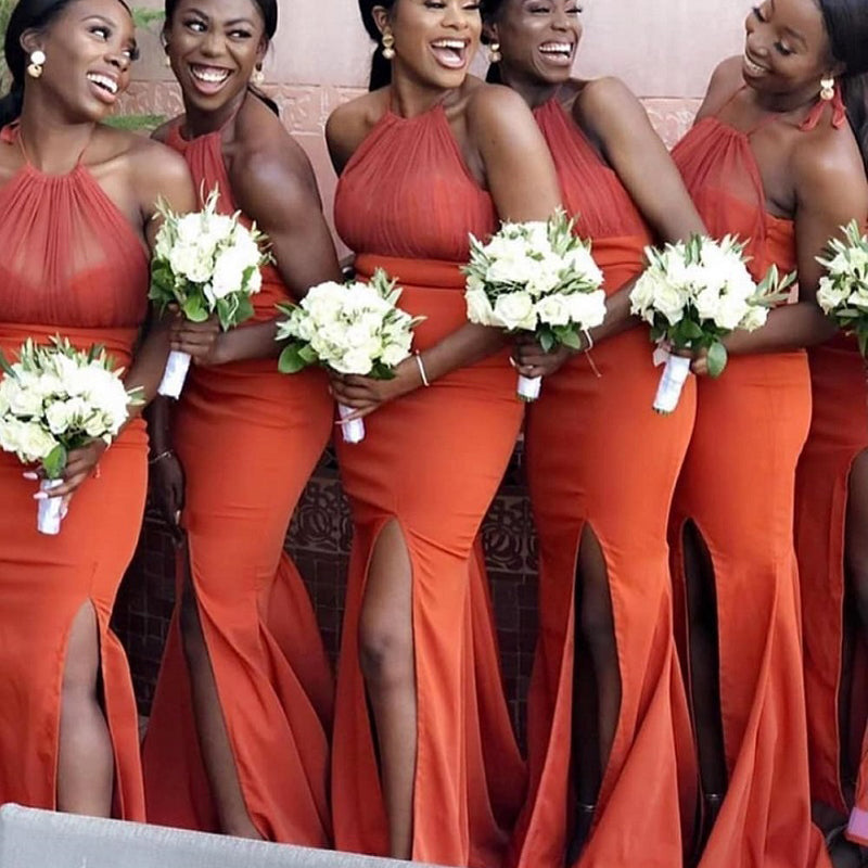 Popular Halter Orange Mermaid Long Bridesmaid Dresses BD009