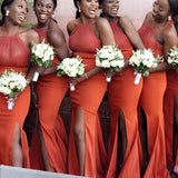 Popular Halter Orange Mermaid Long Bridesmaid Dresses BD009