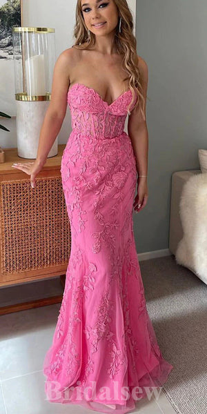 Hot Pink Lace Mermaid Strapless New Popular Long Party Evening Prom Dresses PD978