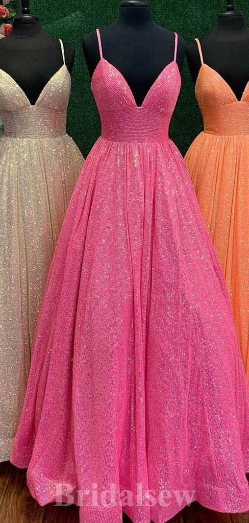 Hot Pink Sparkly Sequin A-line Straps Stylish Long Women Evening Prom Dresses PD746