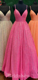 Hot Pink Sparkly Sequin A-line Straps Stylish Long Women Evening Prom Dresses PD746