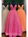 Hot Pink Sparkly Sequin A-line Straps Stylish Long Women Evening Prom Dresses PD746