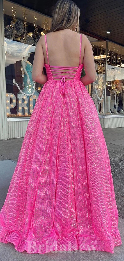 Hot Pink Sparkly Sequin A-line Straps Stylish Long Women Evening Prom Dresses PD746