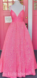 Hot Pink Sparkly Sequin A-line Straps Stylish Long Women Evening Prom Dresses PD746