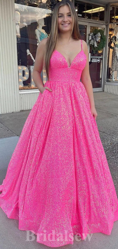 Hot Pink Sparkly Sequin A-line Straps Stylish Long Women Evening Prom Dresses PD746