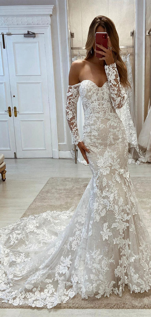 Lace Long Sleeves Mermaid Dream Simple Vintage Garden Beach Long Wedding Dresses WD247