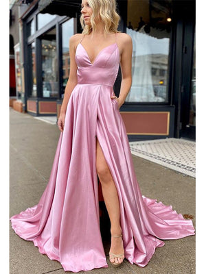 Long A-line Custom Formal Straps V-Neck Modest Evening Prom Dresses PD233