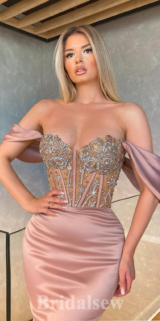 Long Elegant Mermaid Off Shoulder Dusty Pink Satin New Best Unique Stylish Prom Dresses PD1163