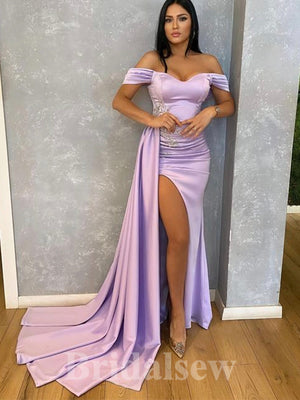 Long Mermaid Off the Shoulder Lilac Satin Elegant Evening Prom Dresses PD931