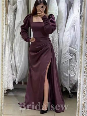 Long Mermaid Purple Long Sleeves Slit Elegant Party Women Evening Prom Dresses PD912