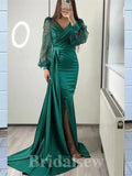 Long Sleeves Green Mermaid Custom Long Women Evening Party Prom Dresses PD713