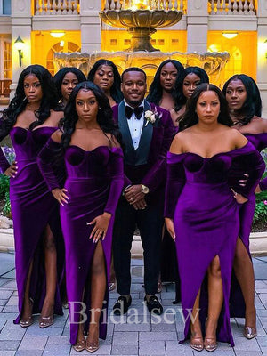 Long Sleeves Purple Velvet Mermaid Elegant Long Formal Bridesmaid Dresses BD169