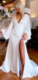 Long Sleeves Simple Classic V-Neck Satin Slit Beach Vintage Long Wedding Dresses WD323