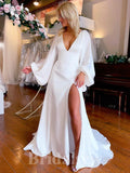 Long Sleeves Simple Classic V-Neck Satin Slit Beach Vintage Long Wedding Dresses WD323
