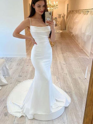 Mermaid Simple Spaghetti Straps Dream Long Wedding Dresses, Bridal Gowns WD098