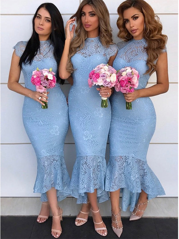 Mermaid Blue Lace Modest Bridesmaid Dresses, Wedding Guest Dress BD042