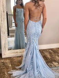 Custom Unique Mermaid Blue Lace Popular Elegant Long Prom Dresses PD125
