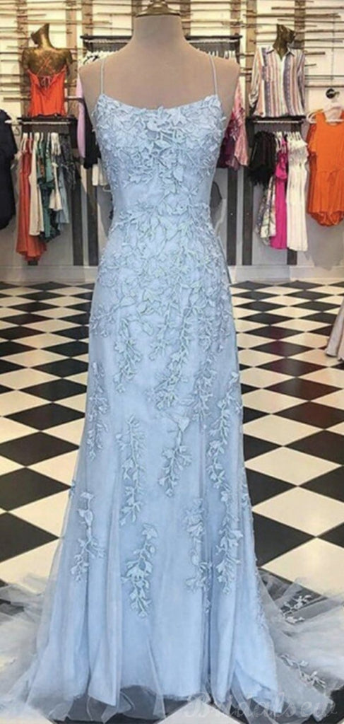 Custom Unique Mermaid Blue Lace Popular Elegant Long Prom Dresses PD125