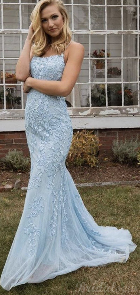Custom Unique Mermaid Blue Lace Popular Elegant Long Prom Dresses PD125