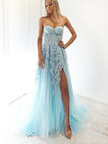Mermaid Blue Lace Strapless Tulle Long Prom Dresses, Evening Dress with Split PD201