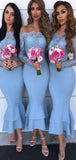 Mermaid Blue Long Sleeves Modest Elegant Bridesmaid Dresses BD043