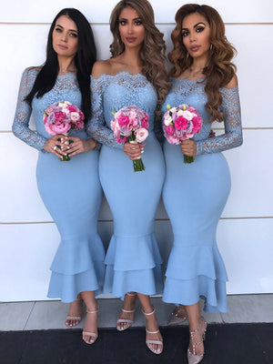 Mermaid Blue Long Sleeves Modest Elegant Bridesmaid Dresses BD043