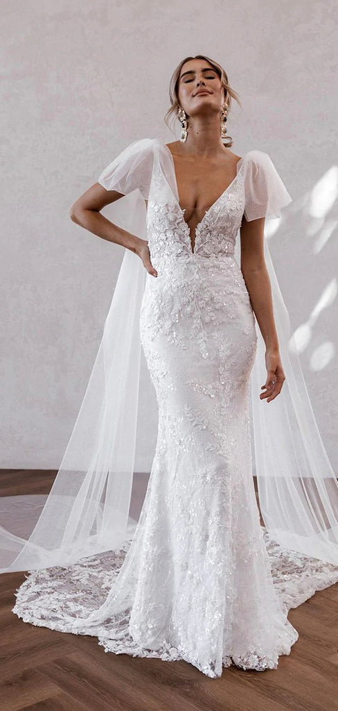 Mermaid Elegant Unique Lace Fantasy Luxurious Beach Vintage Long Wedding Dresses WD376