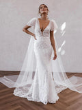 Mermaid Elegant Unique Lace Fantasy Luxurious Beach Vintage Long Wedding Dresses WD376