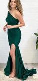 Mermaid Emerald Green Satin Simple One Shoulder Elegant Long Prom Dresses PD316