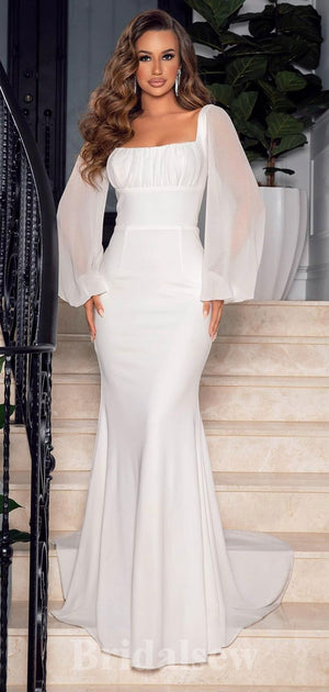 Mermaid Long Sleeves Off White Simple Unique Fairy Beach Vintage Long Wedding Dresses WD333