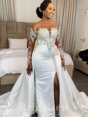 Mermaid Long Sleeves Romantic Satin Detachable Beach Vintage Long Wedding Dresses WD365