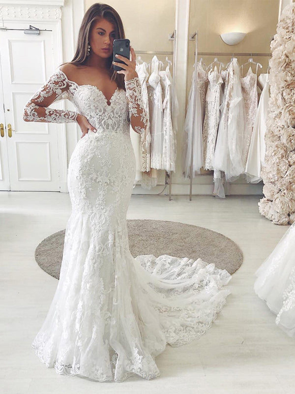 Mermaid Long Sleeves Vintage Elegant Long Wedding Dresses WD028