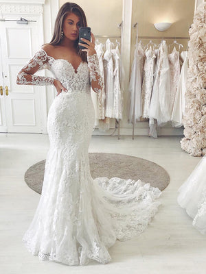 Mermaid Long Sleeves Vintage Elegant Long Wedding Dresses WD028