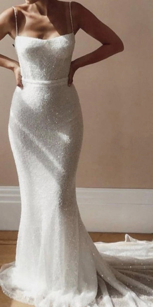 Mermaid Modest Spaghetti Straps Sparkly Long Prom Dresses, Beach Wedding Dresses PD080