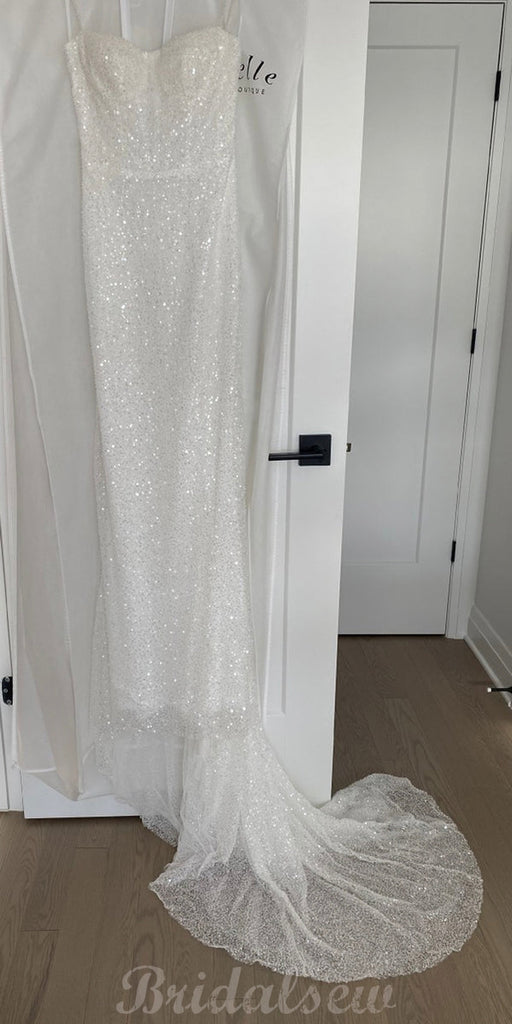 Mermaid Modest Spaghetti Straps Sparkly Long Prom Dresses, Beach Wedding Dresses PD080