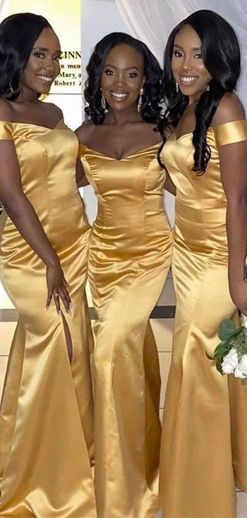 Mermaid Off the Shoulder Gold Simple Elegant Long Formal Bridesmaid Dresses BD131