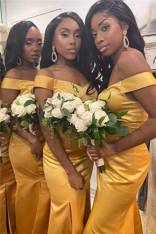 Mermaid Off the Shoulder Gold Simple Elegant Long Formal Bridesmaid Dresses BD131